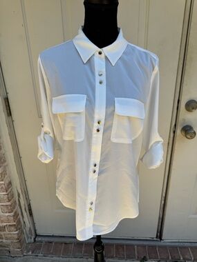 Premise Studio, Long Sleeve, Button-Front Sheer Blouse, Size Medium